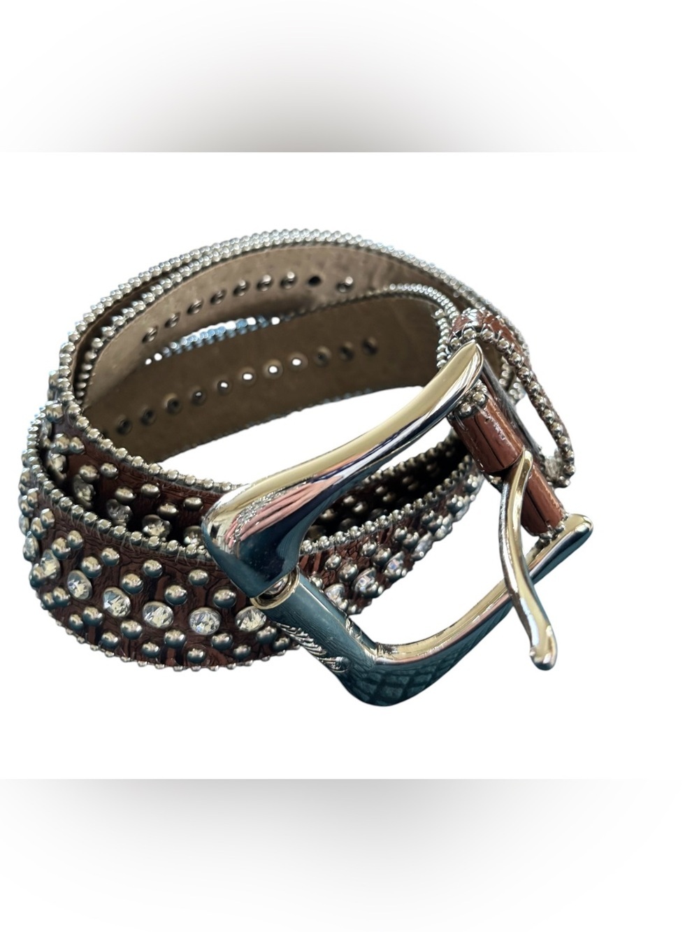 VTG Guess Faux Leather Rhinestone Metal Studded Western Belt Sz L Brown Buckle